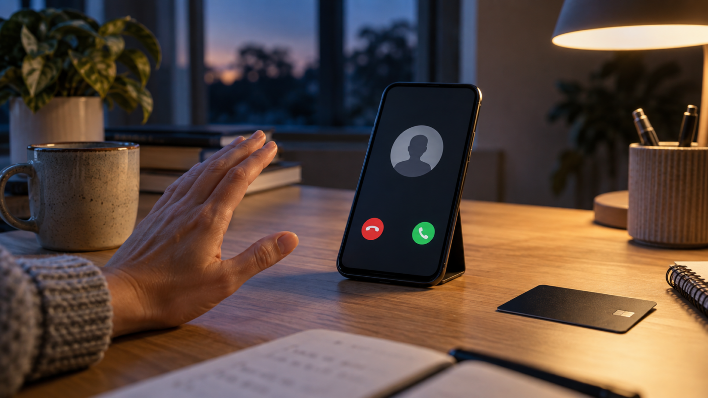 Suspicious phone call beside a bank card with details safely obscured