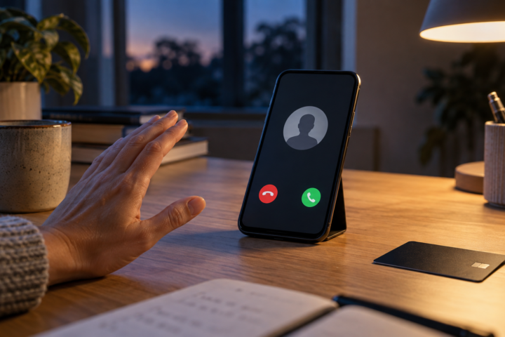 Suspicious phone call beside a bank card with details safely obscured